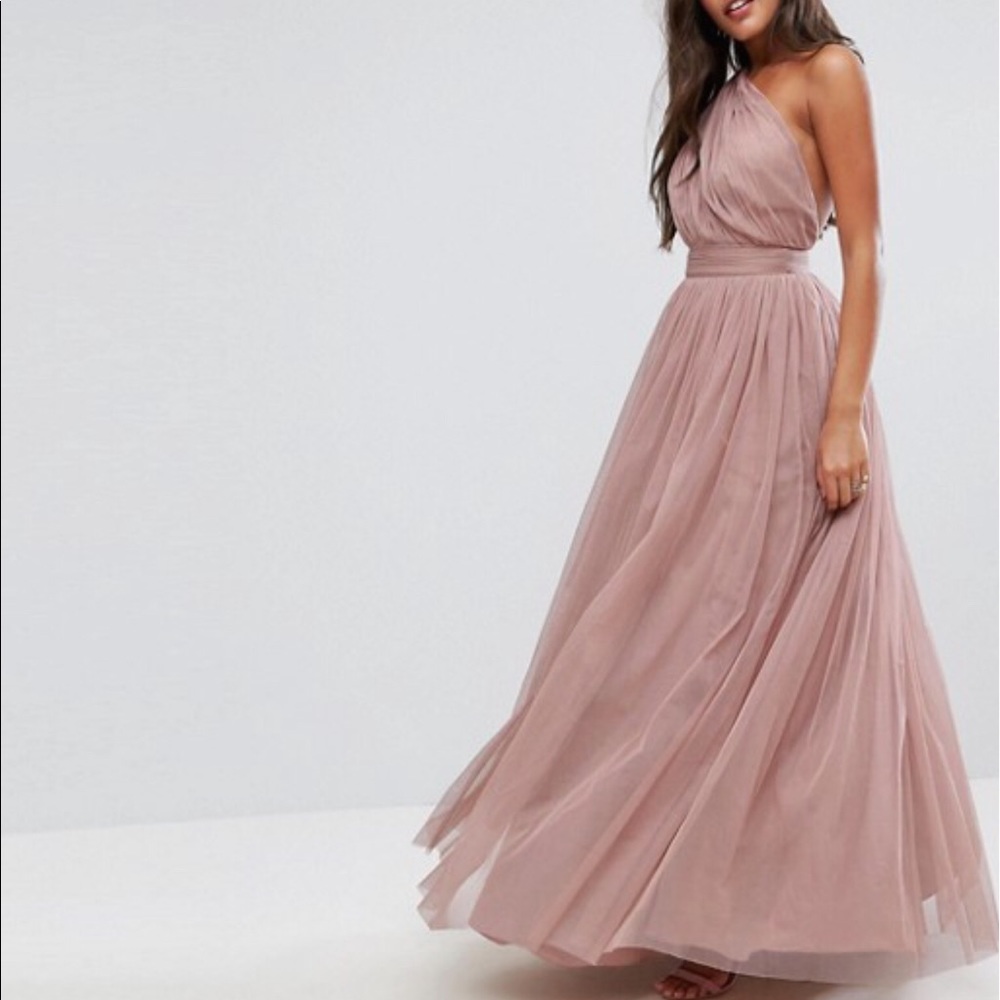 ASOS PREMIUM Tulle One Shoulder Maxi Dress Mink